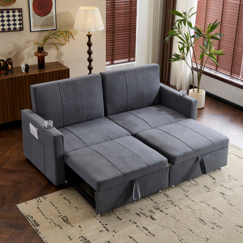 King Size Pull Out Sofa Bed - Convertible Fabric Sofa Chair With Cup Holders & Side Pockets