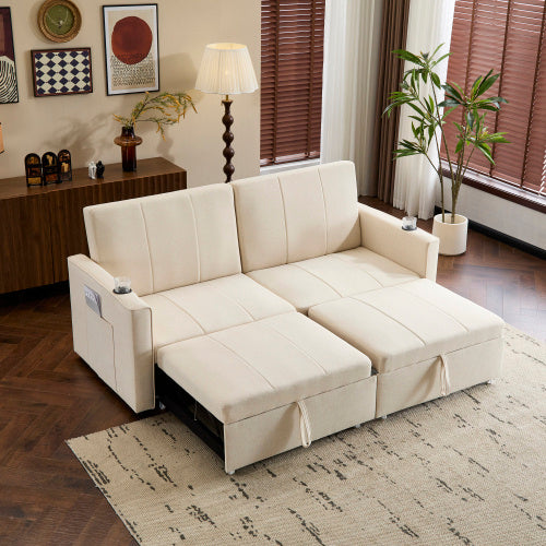 King Size Pull Out Sofa Bed - Convertible Fabric Sofa Chair With Cup Holders & Side Pockets