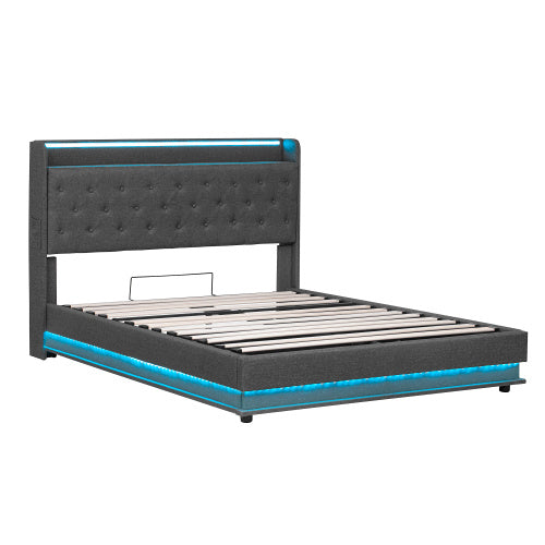 5ft King-Size Upholstered Bed Frame with Hydraulic Storage and LED Headboard