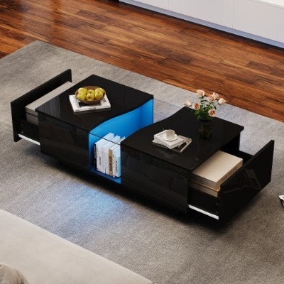 LED Coffee Table With 2 Drawer Storage, High Gloss. 16-Color LED Lights.