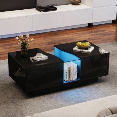 LED Coffee Table With 2 Drawer Storage, High Gloss. 16-Color LED Lights.