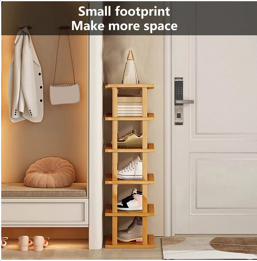 6-Tier Bamboo Shoe Rack - Vertical Space Saving Shoe Organiser Corner Shelf