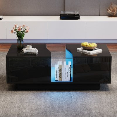 LED Coffee Table With 2 Drawer Storage, High Gloss. 16-Color LED Lights.