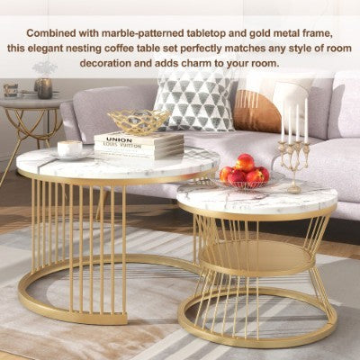 Round Nesting Coffee Tables - Gold Metal Frame Legs And Marble Pattern Top