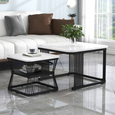 Set Of 2 Tables Square Coffee Table Set - Nesting Tables With Black Metal Frame Legs And Marble Pattern White Top