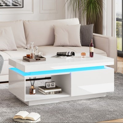 High Glossy LED Coffee Table With Drawer Storage, Wooden Centre Table With RGB LED Lights.
