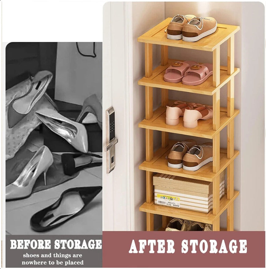 6-Tier Bamboo Shoe Rack - Vertical Space Saving Shoe Organiser Corner Shelf