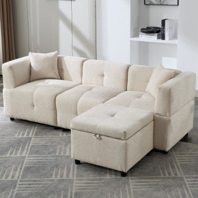 Sectional Sofa Couch With Removable Storage Ottoman, Fabric Sofa For Living Room Apartment, Beige