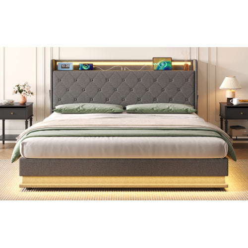 5ft King-Size Upholstered Bed Frame with Hydraulic Storage and LED Headboard