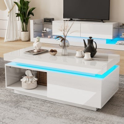 High Glossy LED Coffee Table With Drawer Storage, Wooden Centre Table With RGB LED Lights.