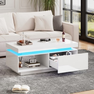 High Glossy LED Coffee Table With Drawer Storage, Wooden Centre Table With RGB LED Lights.
