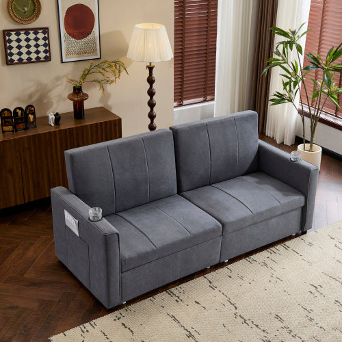 King Size Pull Out Sofa Bed - Convertible Fabric Sofa Chair With Cup Holders & Side Pockets