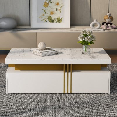 Modern White Rectangular Coffee Table - Marble Pattern Triamine Board Top And 2 Wooden Drawers, 100x50x40cm