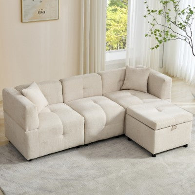 Sectional Sofa Couch With Removable Storage Ottoman, Fabric Sofa For Living Room Apartment, Beige