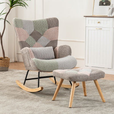 Rocking Chair - Fabric Wingback Accent Chair With Solid Wood Legs With Footstool - Multicolour