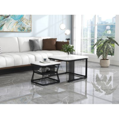 Set Of 2 Tables Square Coffee Table Set - Nesting Tables With Black Metal Frame Legs And Marble Pattern White Top