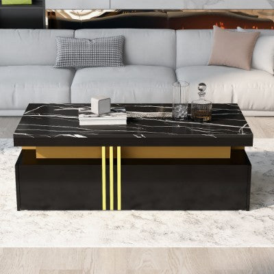 Modern White Rectangular Coffee Table - Marble Pattern Triamine Board Top And 2 Wooden Drawers, 100x50x40cm