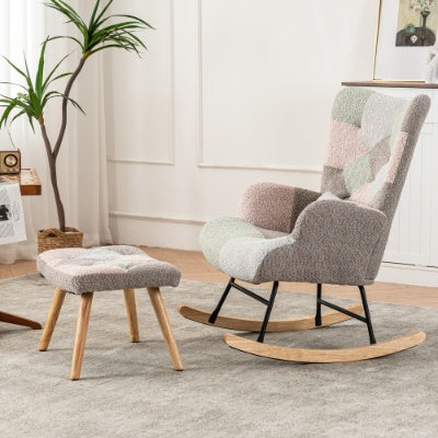 Rocking Chair - Fabric Wingback Accent Chair With Solid Wood Legs With Footstool - Multicolour