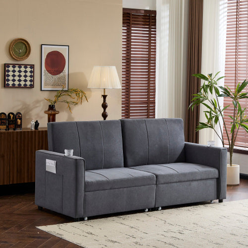 King Size Pull Out Sofa Bed - Convertible Fabric Sofa Chair With Cup Holders & Side Pockets