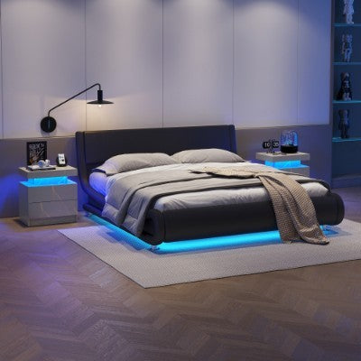 Nightstand LED Bedside Table Cabinet Lights Modern End Side With 2 Drawers For Bedroom Grey Gold