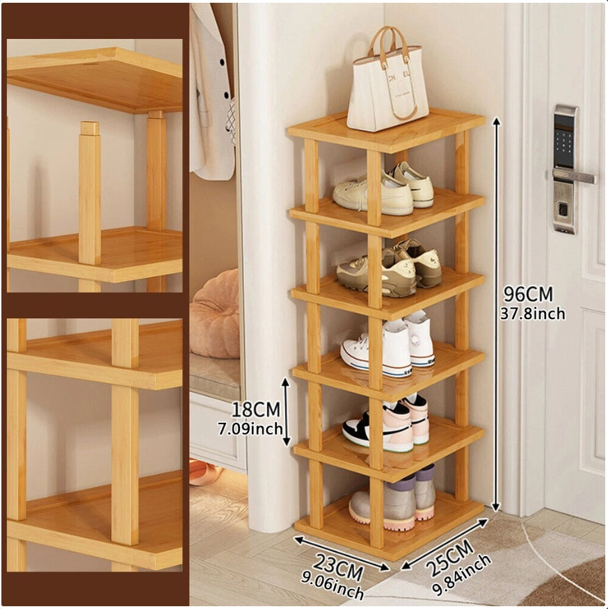 6-Tier Bamboo Shoe Rack - Vertical Space Saving Shoe Organiser Corner Shelf