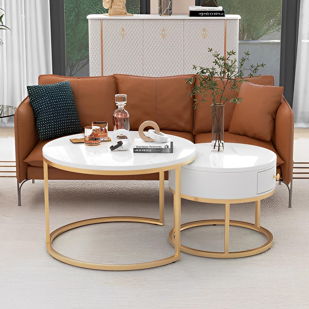 Round Coffee Nesting Tables With Storage Gold Metal Frame Legs And Marble Pattern