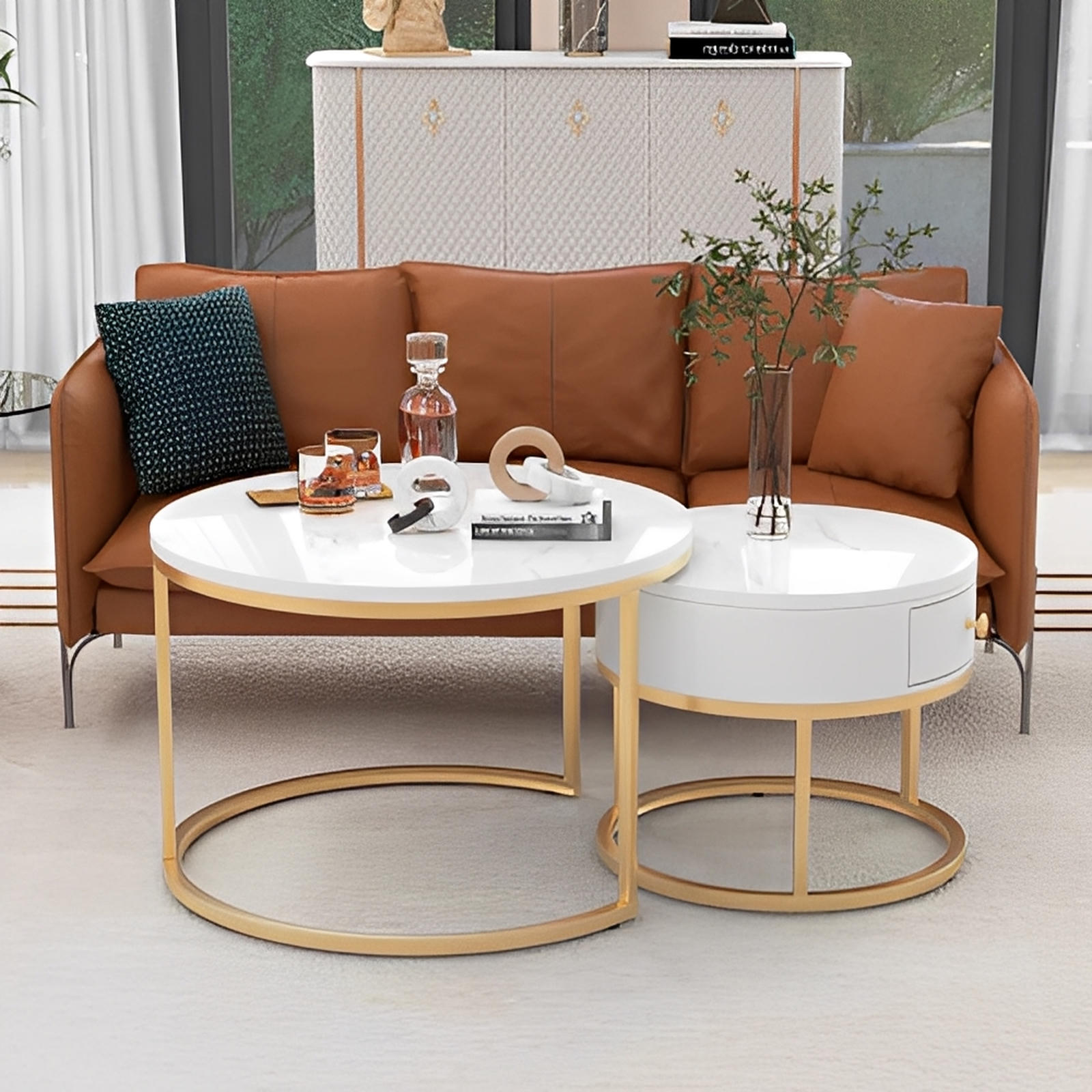 Round Coffee Nesting Tables With Storage Gold Metal Frame Legs And Marble Pattern