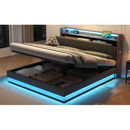 5ft King-Size Upholstered Bed Frame with Hydraulic Storage and LED Headboard