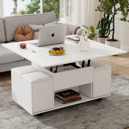 Lift Up Coffee Table With Storage & Dining Table -  White