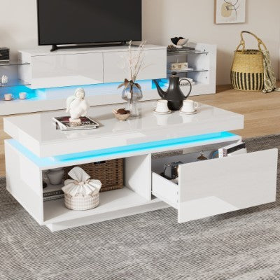 High Glossy LED Coffee Table With Drawer Storage, Wooden Centre Table With RGB LED Lights.