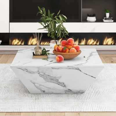 Marbling Veneer PVC Coffee Table - 2 Cabinets White Square Nesting Table With Storage
