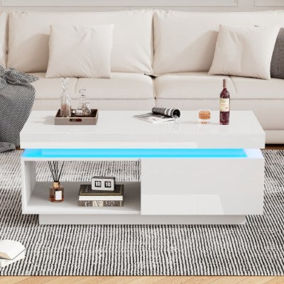High Glossy LED Coffee Table With Drawer Storage, Wooden Centre Table With RGB LED Lights.