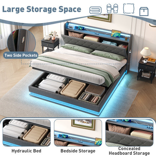 5ft King-Size Upholstered Bed Frame with Hydraulic Storage and LED Headboard