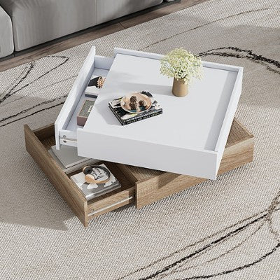 Square 360 Rotating Coffee Table - Wooden 2-Tier Center Table With Swivel Tabletop And Storage