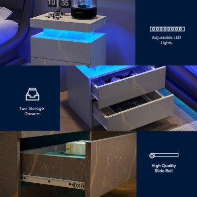 Nightstand LED Bedside Table Cabinet Lights Modern End Side With 2 Drawers For Bedroom Grey Gold