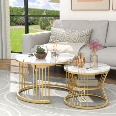 Round Nesting Coffee Tables - Gold Metal Frame Legs And Marble Pattern Top