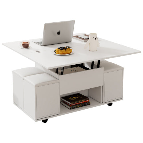 Lift Up Coffee Table With Storage & Dining Table -  White
