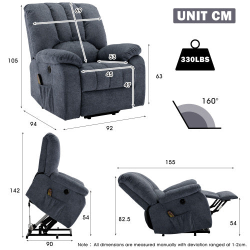 Electric Power Lift Recliner Chair - Sofa With Massage And Heat & 2 Side Pockets USB Ports
