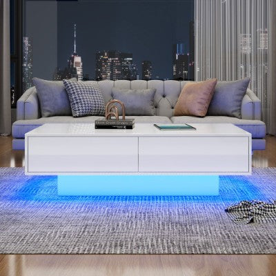White High Gloss LED Coffee Table - 16 Colors LED Lights, Coffee Table With 2 Drawers