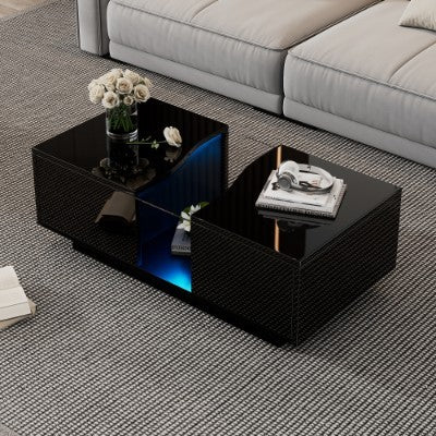 LED Coffee Table With 2 Drawer Storage, High Gloss. 16-Color LED Lights.
