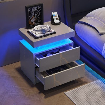 Nightstand LED Bedside Table Cabinet Lights Modern End Side With 2 Drawers For Bedroom Grey Gold