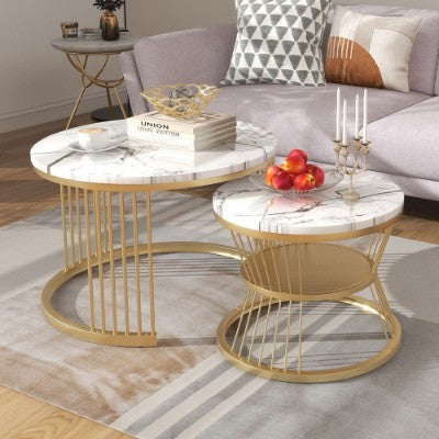 Round Nesting Coffee Tables - Gold Metal Frame Legs And Marble Pattern Top