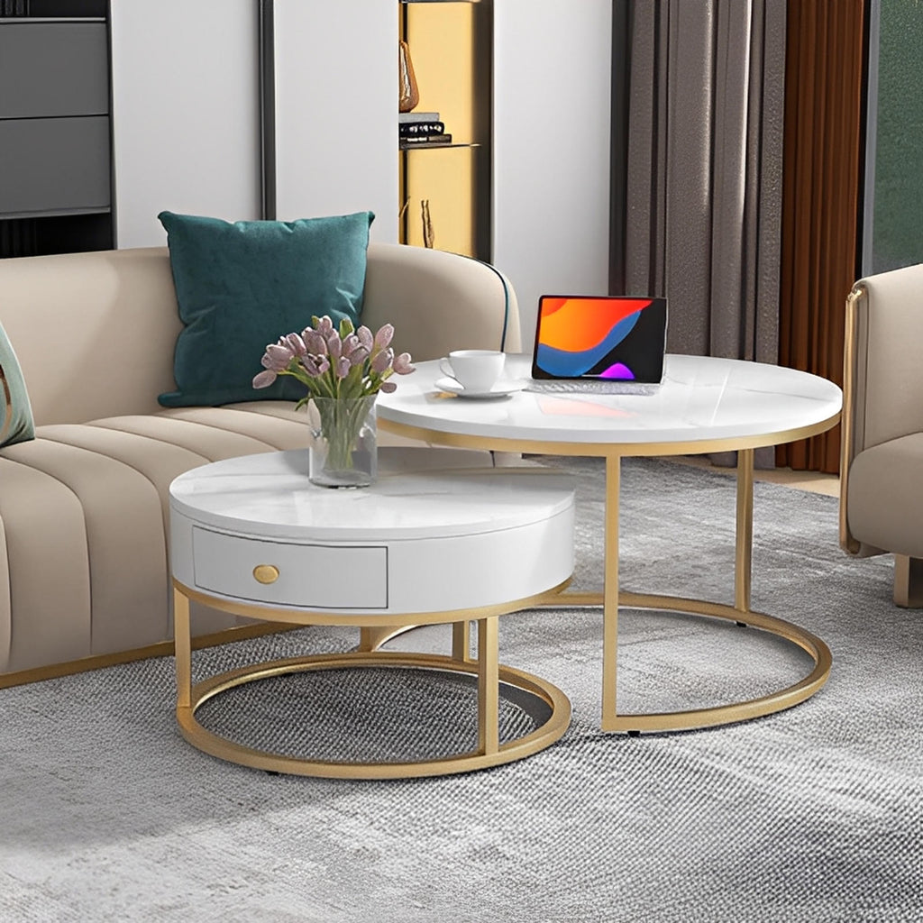 Round Coffee Nesting Tables With Storage Gold Metal Frame Legs And Marble Pattern