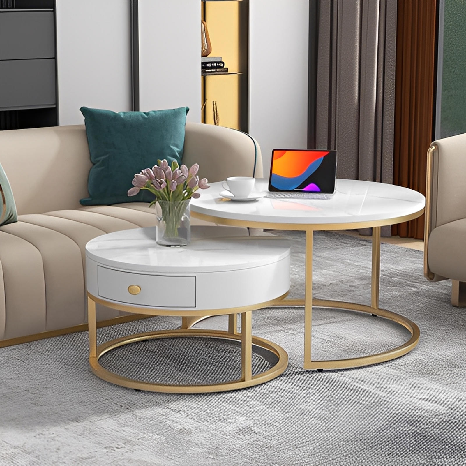 Round Coffee Nesting Tables With Storage Gold Metal Frame Legs And Marble Pattern