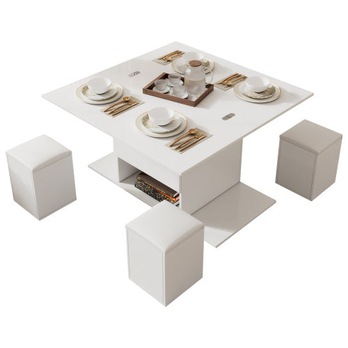Lift Up Coffee Table With Storage & Dining Table -  White