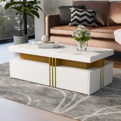 Modern White Rectangular Coffee Table - Marble Pattern Triamine Board Top And 2 Wooden Drawers, 100x50x40cm