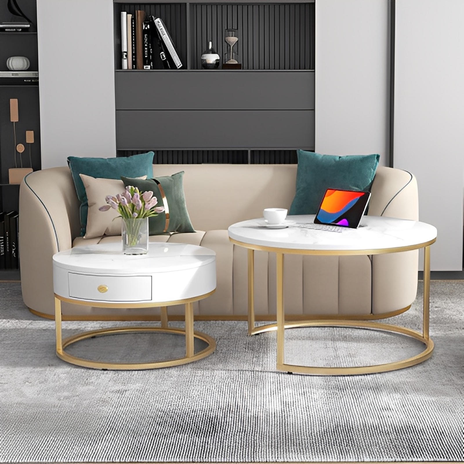 Round Coffee Nesting Tables With Storage Gold Metal Frame Legs And Marble Pattern