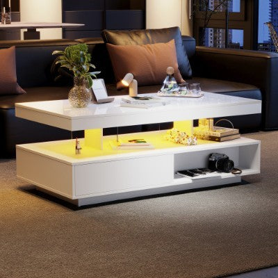 High Gloss LED Coffee Table With 2 Drawer Storage, 16-Color LED Lights - White