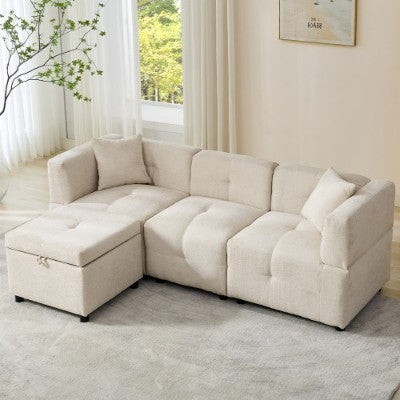 Sectional Sofa Couch With Removable Storage Ottoman, Fabric Sofa For Living Room Apartment, Beige