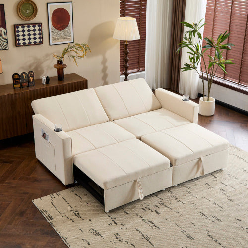King Size Pull Out Sofa Bed - Convertible Fabric Sofa Chair With Cup Holders & Side Pockets